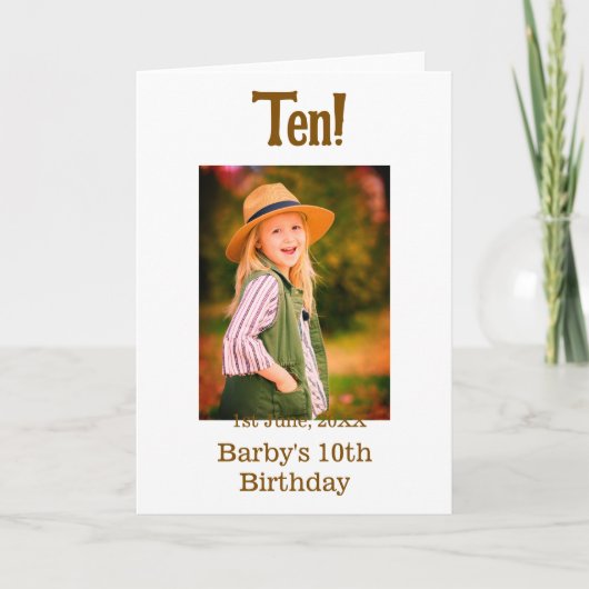 10th birthday photo name date simple brown beige b karte (Vorderseite)
