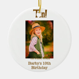 10th birthday photo name date simple brown beige b keramik ornament