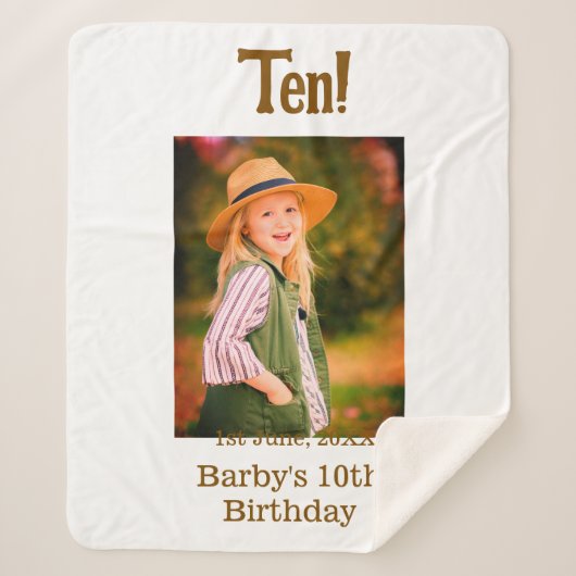 10th birthday photo name date simple brown beige b sherpadecke (Vorderseite)
