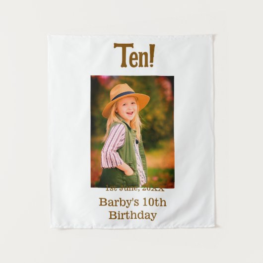 10th birthday photo name date simple brown beige b wandteppich (Vorderseite)