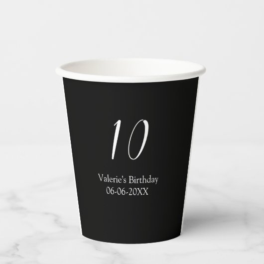 10th birthday white black name date calligraphy pappbecher (Vorderseite)