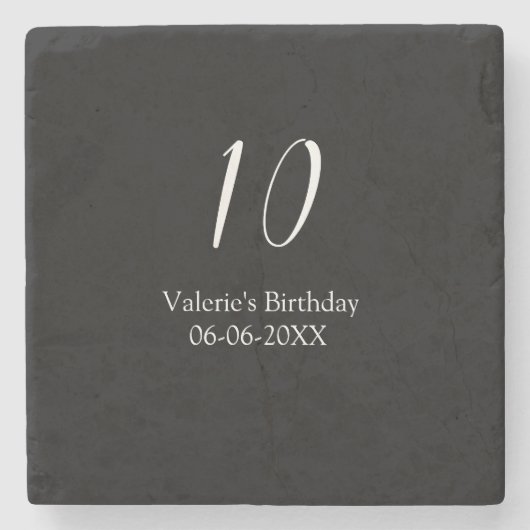 10th birthday white black name date calligraphy steinuntersetzer (Vorderseite)