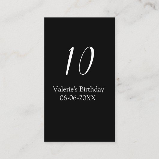 10th birthday white black name date calligraphy visitenkarte (Vorderseite)