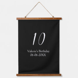 10th birthday white black name date calligraphy  wandteppich mit holzrahmen