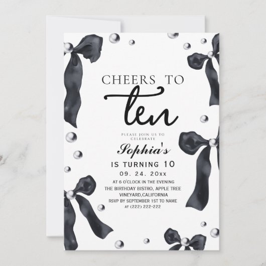 10th Black Bow Birthday Party Einladung (Vorderseite)