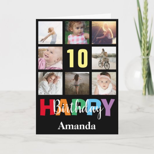 10th Happy Birthday Foto Collage Modern Black Karte (Vorderseite)