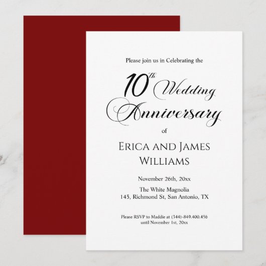 10th Tin Wedding Anniversary Elegantes Skript Einladung (Vorne/Hinten)