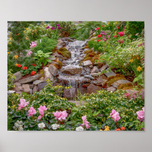 10x8 Wasserfall mit Frühlingsblumen Poster