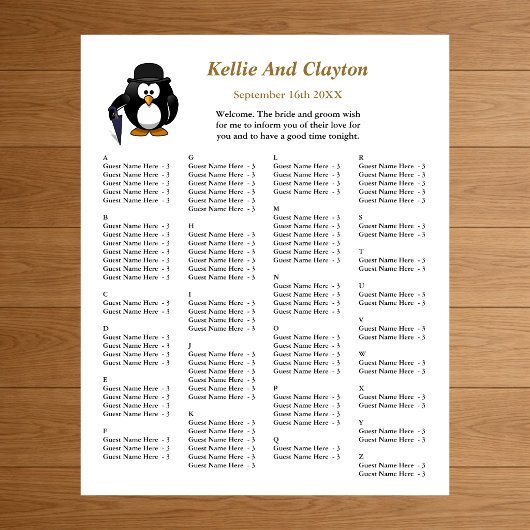 110 Funny Pinguin Greeter Wedding Seating Chart Poster