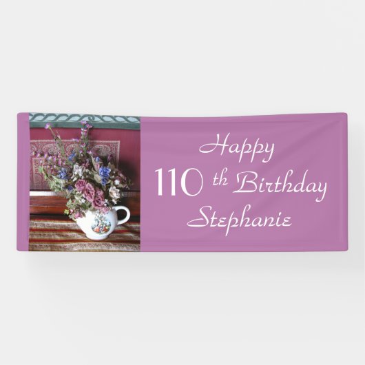110. Geburtstag, Name, Vintager Teekessel Lila Banner (Horizontal)