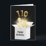 110. Geburtstagsballons in weißer Box Karte<br><div class="desc">Goldballons und funkelnde Lichtstrahlen leuchten in einer weißen Box auf schwarzem Hintergrund zum 110. Geburtstag</div>