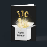 110. Geburtstagsballons in weißer Box Karte<br><div class="desc">Goldballons und funkelnde Lichtstrahlen leuchten in einer weißen Box auf schwarzem Hintergrund zum 110. Geburtstag</div>