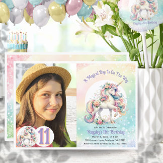 11. Eleventh Unicorn Foto Geburtstagsparty Regenbo Einladung