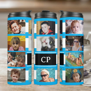 11 Foto-Collage Initialen blau weiß Thermosbecher
