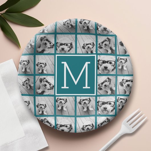 11 Foto Instagram Collage Custom Blue Monogram Pappteller