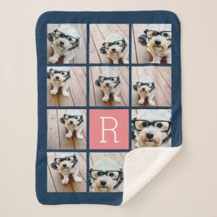 11 FotoCollage und Big Monogram blauer Pfirsich Sherpadecke