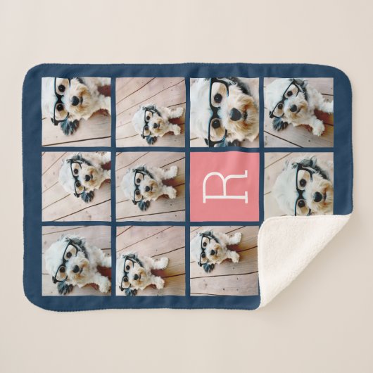 11 FotoCollage und Big Monogram blauer Pfirsich Sherpadecke (Vorderseite (Horizontal))