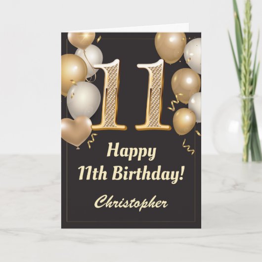 11. Geburtstag Black and Gold Balloons Confetti Karte (Vorderseite)