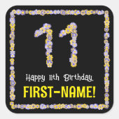 11. Geburtstag: Blumennummer, Individuelle Name, B Quadratischer Aufkleber (Vorderseite)
