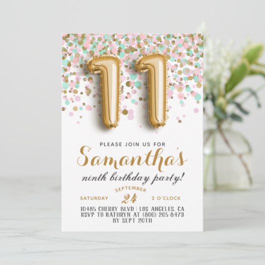 11. Geburtstag Confetti Einladung (Stehend Vorderseite)