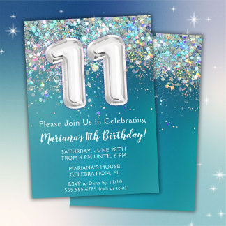 11. Geburtstag Einladung Aquamarin Silber Glitzer