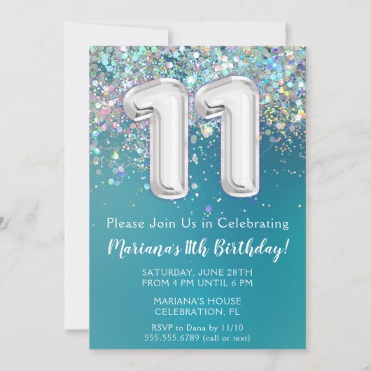 11. Geburtstag Einladung Aquamarin Silber Glitzer (Vorderseite)