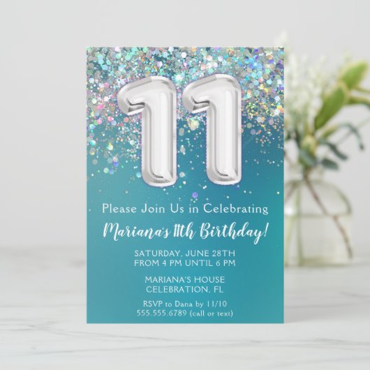11. Geburtstag Einladung Aquamarin Silber Glitzer (Stehend Vorderseite)