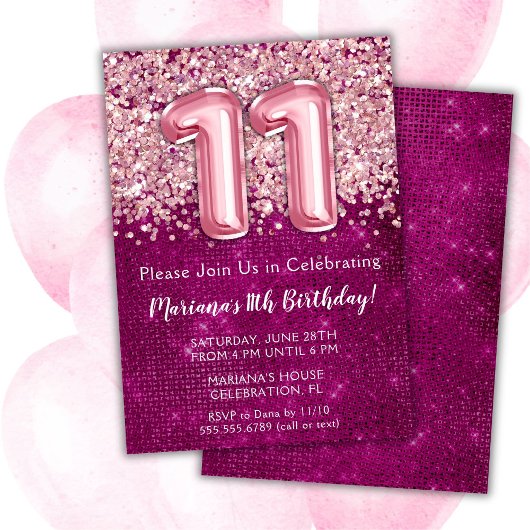 11. Geburtstag Einladung Girl Magenta Pink Glitzer