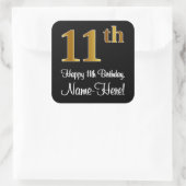 11. Geburtstag - Elegante Luxuriöse Imitate Gold L Quadratischer Aufkleber (Tasche)