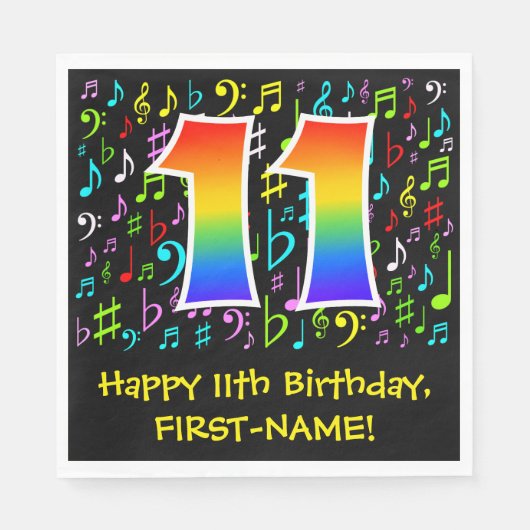 11. Geburtstag - Farbige Musiksymbole, Regenbogen Serviette (Vorderseite)