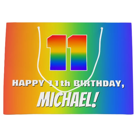 11. Geburtstag: Farbiges, lustiges Regenbogenmuste Große Geschenktüte (Vorderseite)