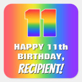 11. Geburtstag: Farbiges, lustiges Regenbogenmuste Quadratischer Aufkleber (Vorderseite)