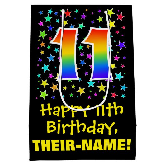 11. Geburtstag: Farbiges Sternenmuster & Regenboge Mittlere Geschenktüte (Rückseite)
