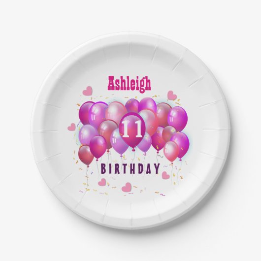 11. Geburtstag Feierliche Bunte Ballons B01 Rosa Pappteller (Vorderseite)