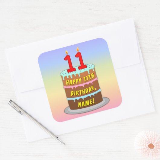 11. Geburtstag: Fun Cake and Candles + Individuell Quadratischer Aufkleber (Umschlag)
