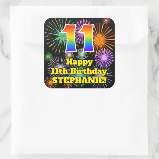 11. Geburtstag: Fun Fireworks Look, Rainbow # 11 Quadratischer Aufkleber (Tasche)