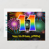 11. Geburtstag - Fun Fireworks Pattern + Regenboge Postkarte (Vorne/Hinten)