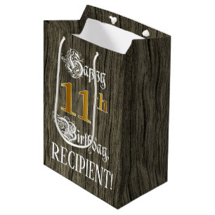 11. Geburtstag: Imitate Gold Look & Imitate Holzmu Mittlere Geschenktüte