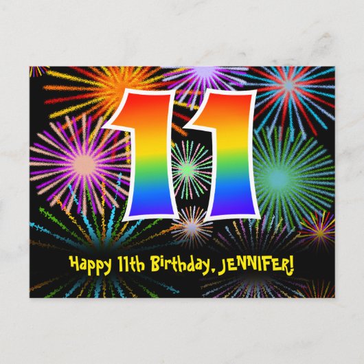 11. Geburtstag – Lustiges Feuerwerk Muster + Regen Postkarte (Vorderseite)