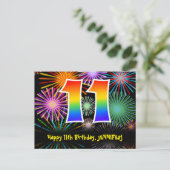11. Geburtstag – Lustiges Feuerwerk Muster + Regen Postkarte (Stehend Vorderseite)