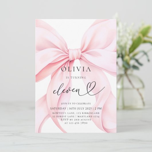 11. Geburtstag Pink Bow Party Einladung (Stehend Vorderseite)