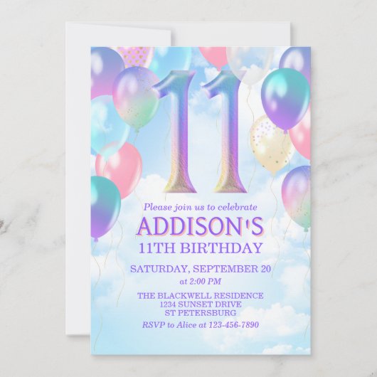 11. Geburtstag Rainbow Balloons Einladung (Vorderseite)