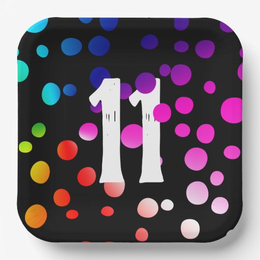 11. Geburtstag Rainbow Dots auf Black Pappteller (Vorderseite)