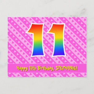 11. Geburtstag: Rosa Streifen & Herzen, Regenbogen Postkarte