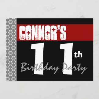 11. Geburtstagsparty Modernes Rotes Schwarzes und  Einladung