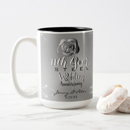 11. Hochzeitstag Stahl-Rose Zweifarbige Tasse (Mit Donut)