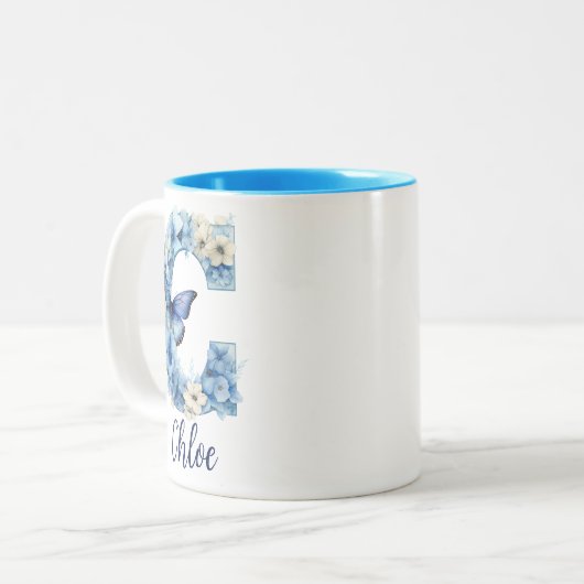 11 oz Floral Blue Mit Monogramm Coffee Tasse (Vorderseite Links)