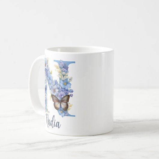 11 oz Floral Blue Mit Monogramm Coffee Tasse (Vorderseite Links)