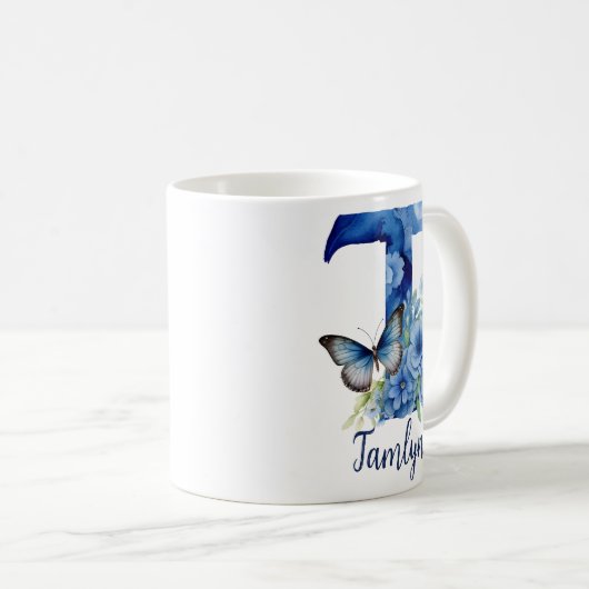 11 oz Floral Blue Mit Monogramm Coffee Tasse (VorderseiteRechts)