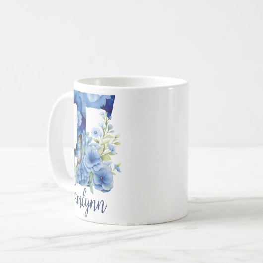 11 oz Floral Blue Mit Monogramm Coffee Tasse (Vorderseite Links)